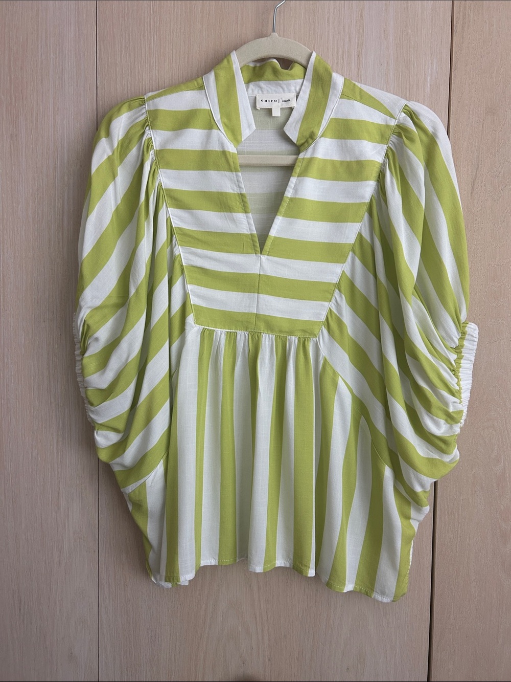 entro Lime & White Striped V-Neck Puff Sleeve Blouse